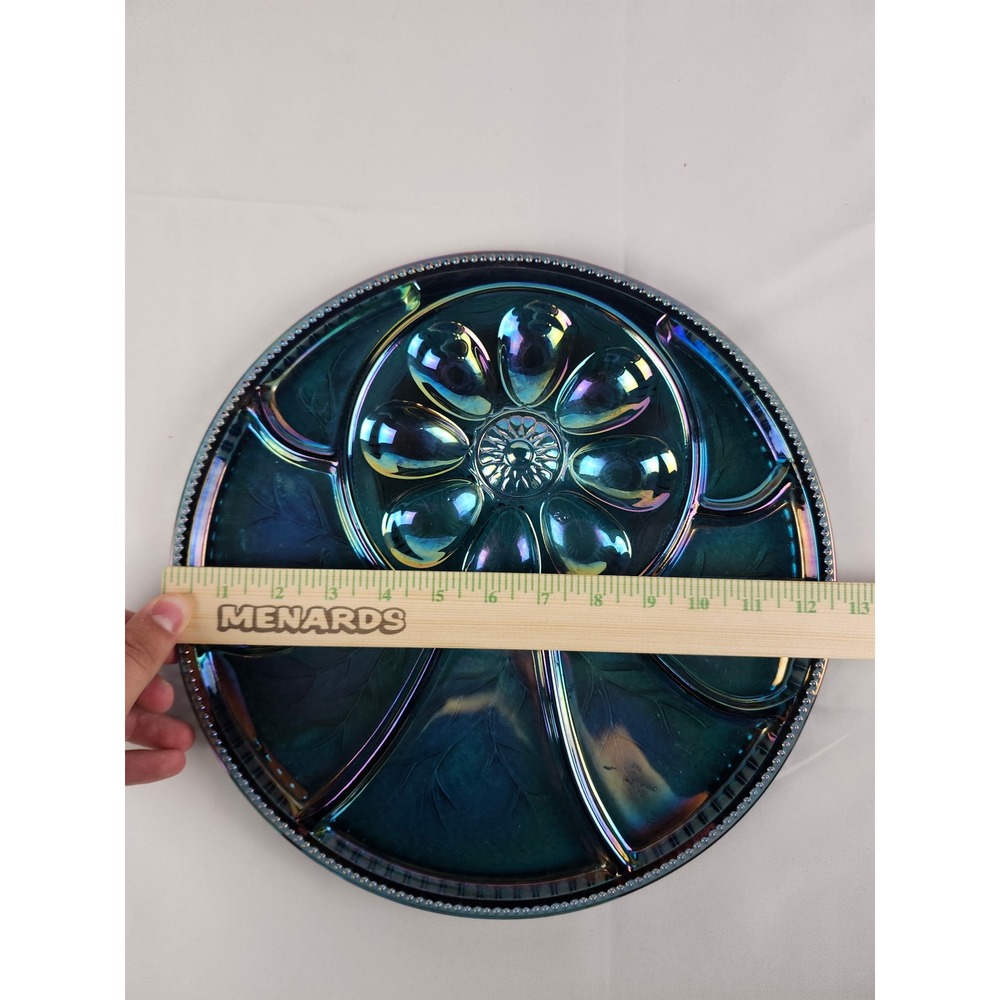 In Box Indiana Glass Carnival Deviled Eggs Hors D'Oeuvre Tray Blue Iridescent - Picture 7 of 7
